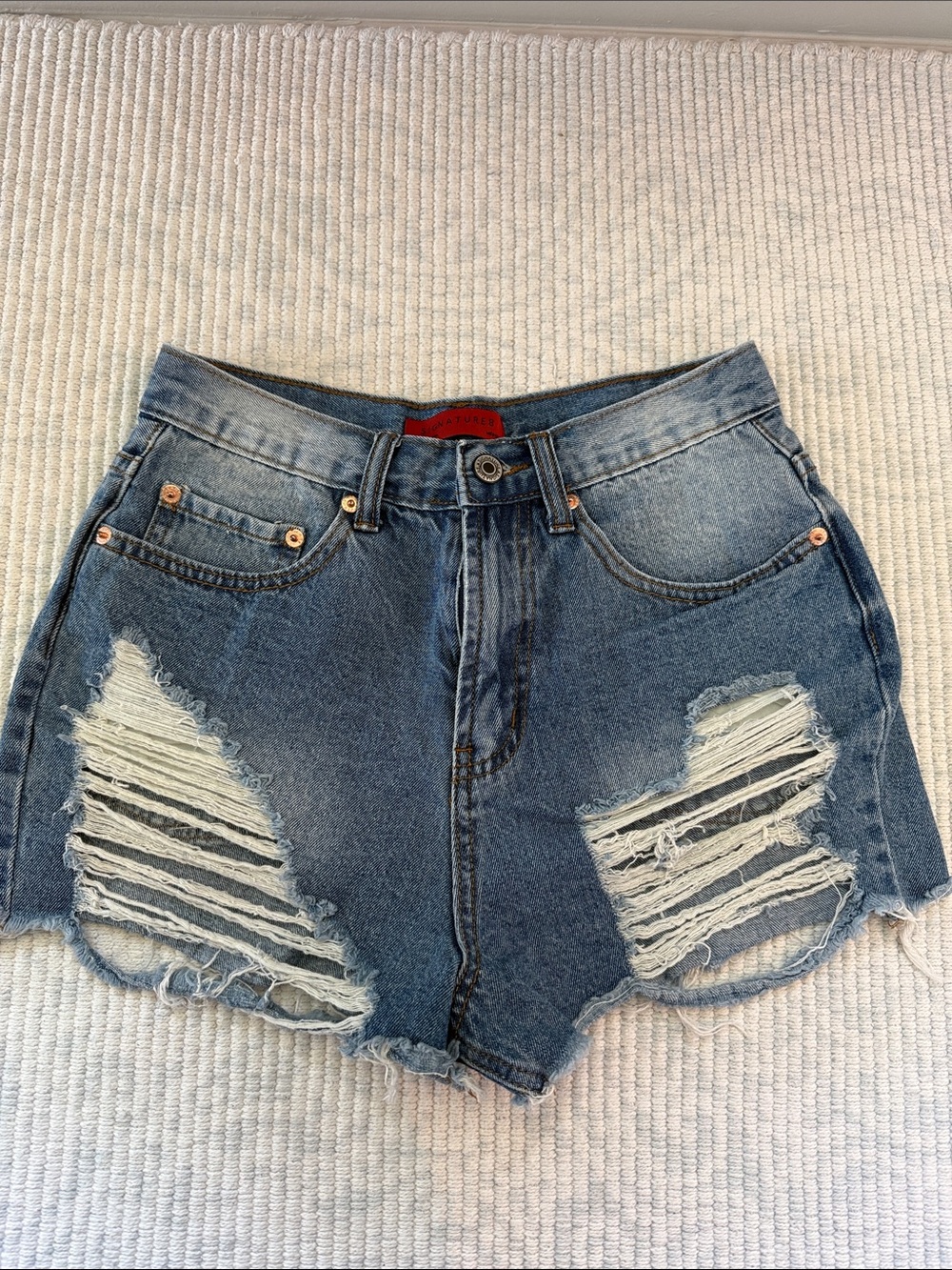 High-Rise Distressed Denim Shorts - Blue